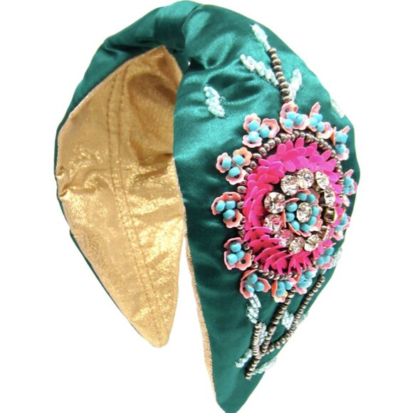 NWT Embellished Floral Statement Headband | Green & Pink Crystals - Picture 1 of 1